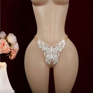 Delicate White Lace Butterfly Thong with Gold Chain
